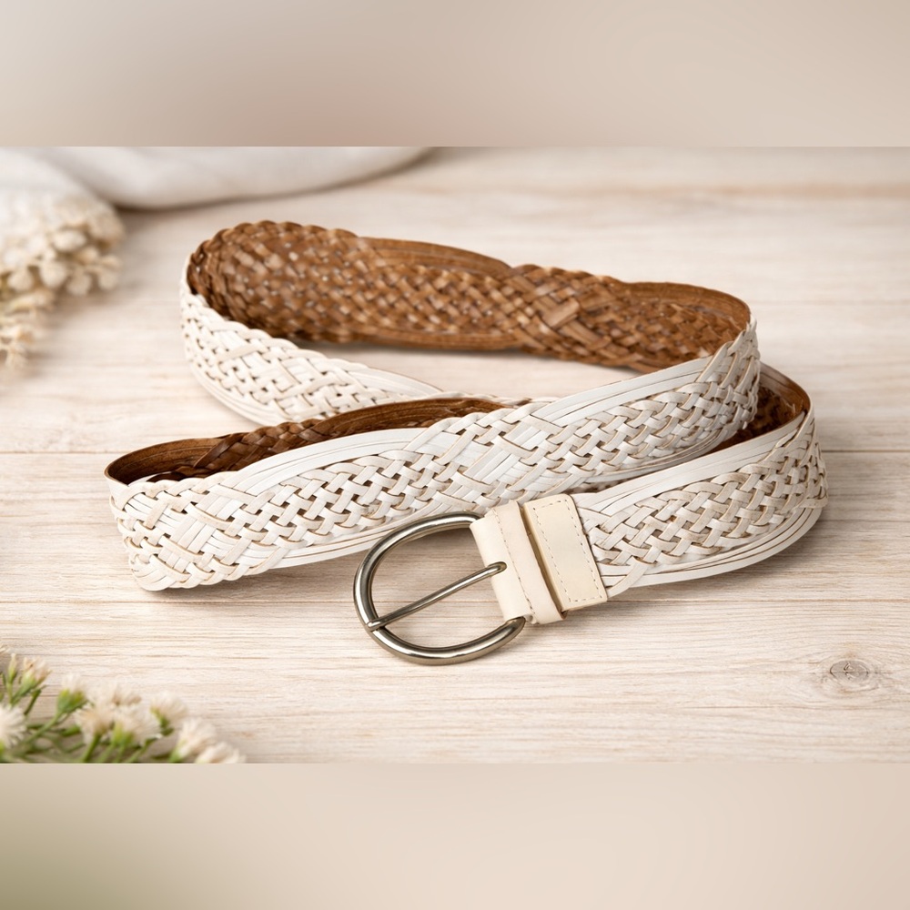 Target White Braided Woven Belt L XL Silver Buckle Boho Coastal Chic Western